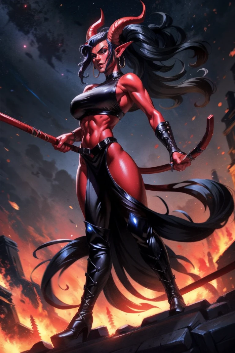 Red skin succubus tiefling, medium breasts, black horns, huge tail, black leather, crop top, long flowing pelvic curtain, tall, toned, graceful, thin, long black ponytail. Action scene, whip. Dark scene, explosions, night sky.