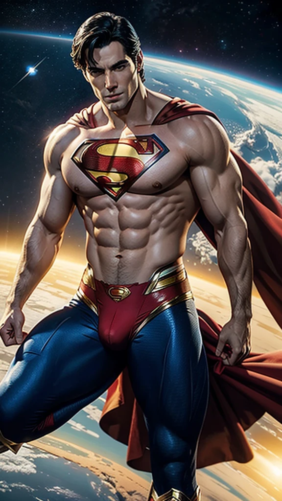 Superman, shirtless, shirtless, no shirt on, wearing a red bulging jockstrap, detailed facial features with a hairy body, in space with earth in the background, he is floating
Golden age