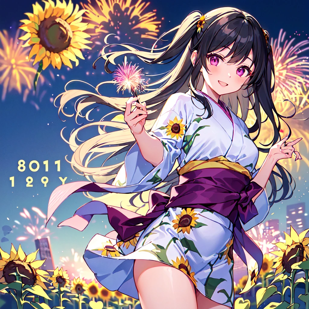 masterpiece, best quality, high quality, extremely detailed, very delicate and beautiful, (1 female 18 years old solo:1.5), (long black hair up to waist with two side up:1.5), bangs to eyebrows, eyes Eyebrows are glossy, (eye color: magenta:1.3), 6.5 head height, (yukata with fireworks print: 1.3), knee socks, lace, frills, (smiling), (standing: 1.3), (smiling), (dynamic pose), (background sunflower field: 1.3), (night with lots of fireworks: 1.3)
