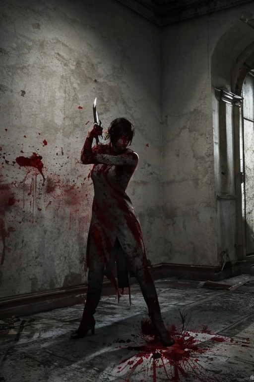 Highest quality、masterpiece、High sensitivity、High resolution、Detailed Description、Slender women、Blood on the walls、With weapons、Standing posture、Blood splatter、