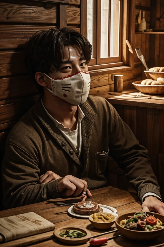 A cover for a fanfic about murderers and cannibalism, the title will be called "The cabin" and I want Jungkook with a rabbit mask with blood on it