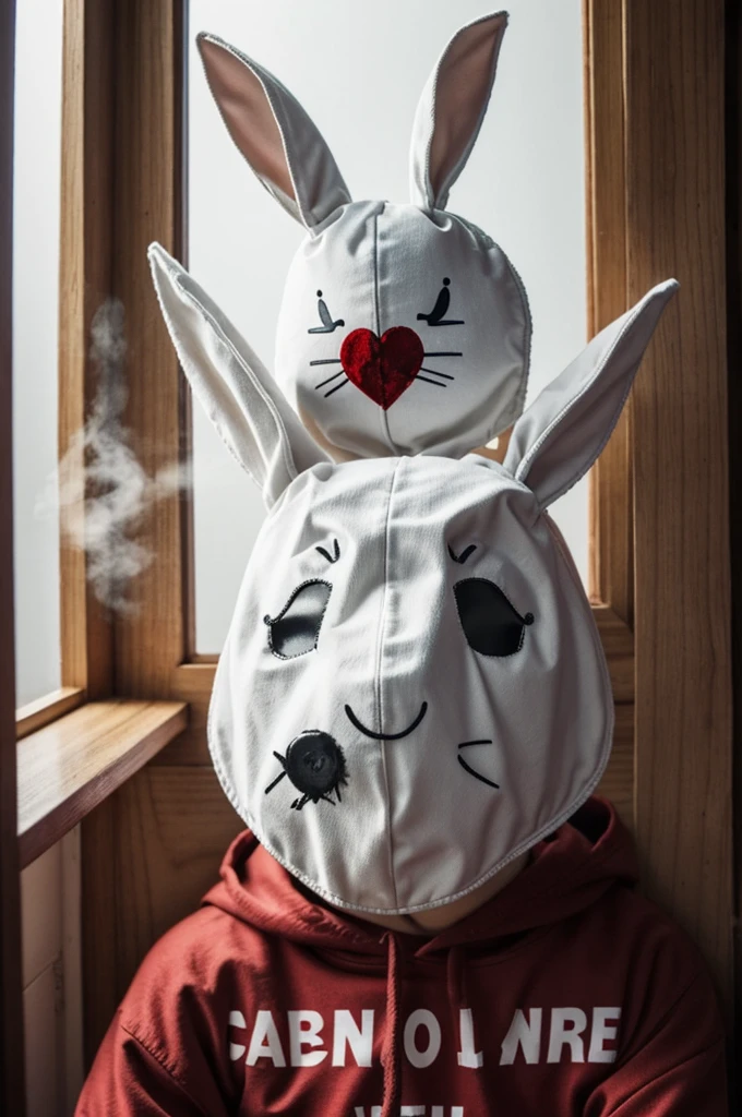 A cover for a fanfic about murderers and cannibalism, the title will be called "The cabin" and I want Jungkook in a white rabbit mask with blood on it 