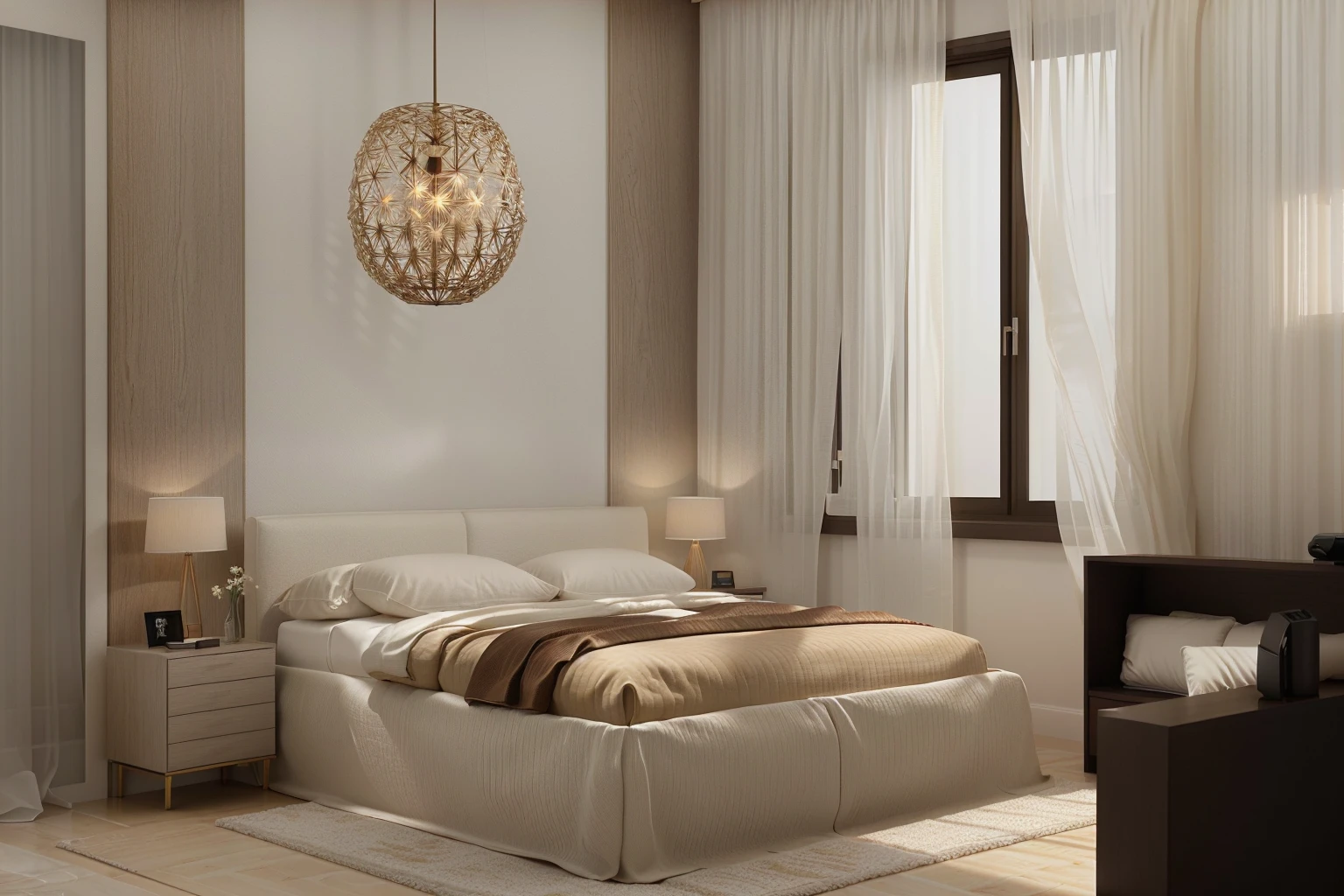 there is a bed with a white headboard and a brown chair, in style of kyrill kotashev, vray 8k render, serene bedroom setting, in a bedroom, white bed, cream - colored room, bed room, vray rendered, stunning render, corona render, modern and minimalist, elegant and refined, high-quality render