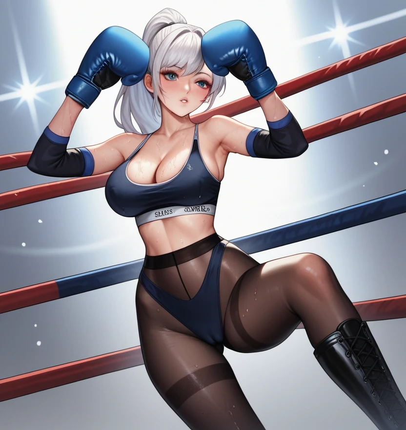 korean beautifull girl,18 years old,Pretty Face,Good shape,detailed picture, Solemn expression, blush,White ponytail, Wear sports bras,Soaked,Wear black pantyhose,high-heel boots, Wearing black boxing gloves,Wearing a boxing helmet,Black sleeves on arms, Perform standing boxing defense in the boxing ring,Large Breasts,Cleavage,Long legs,Thin waist,nipple,Camel toe