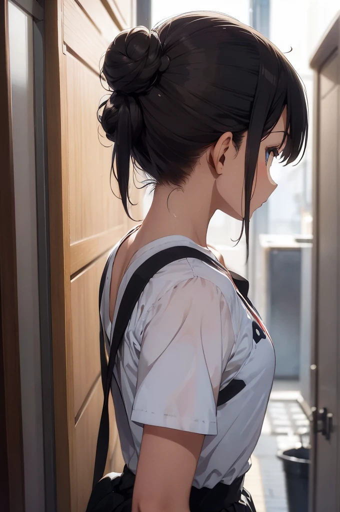 Woman with long hair (short hair with a bun hairstyle), white tea, turning your back to the camera (you can't see the face), with the Colombia shirt (black color), with the number 24 and name say estefania