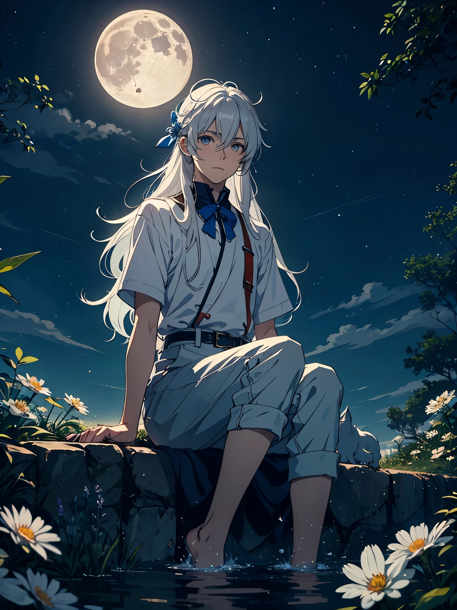 Big Wolf. day lights. More anime. light blue light. Bright bright light. magical. Moon. Sitting on a big white wolf. Lightening flowers. More anime. male. Blue flowers. Long hair. long white hair. aquatic, boy, God of the Moon, silver hair accessories, White hair. 