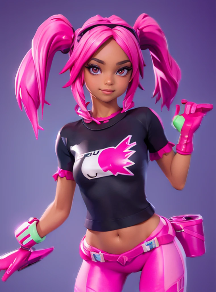 a beautiful girl with long pink twintail hair, pink eyes, animal ear headphones, wearing a tight UnderBoob T-shirt and tight leggings, 1girl, hyperrealistic, 8k, detailed, soft lighting, masterpiece, highly detailed, cinematic lighting, photorealistic, sharp focus, 3d render, vibrant colors, detailed face, extremely detailed, front view 