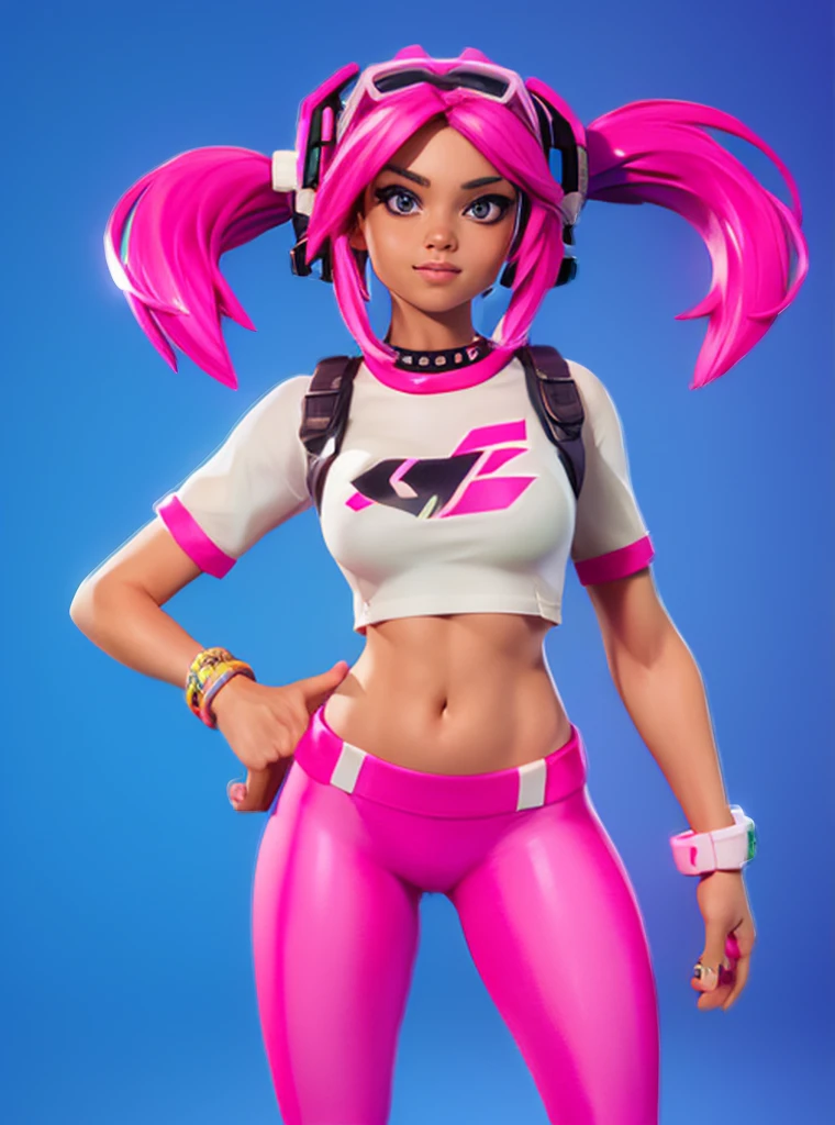 a beautiful girl with long pink twintail hair, pink eyes, animal ear headphones, wearing a tight UnderBoob T-shirt and tight leggings, 1girl, hyperrealistic, 8k, detailed, soft lighting, masterpiece, highly detailed, cinematic lighting, photorealistic, sharp focus, 3d render, vibrant colors, detailed face, extremely detailed, front view 