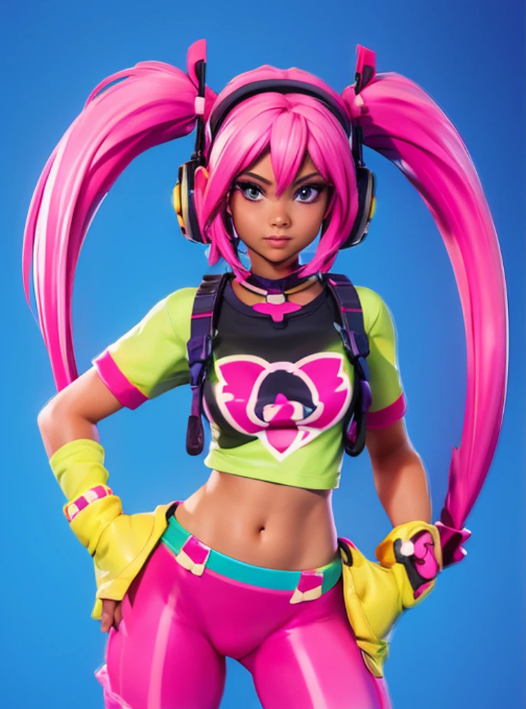 a beautiful girl with long pink twintail hair, pink eyes, animal ear headphones, wearing a tight UnderBoob T-shirt and tight leggings, 1girl, hyperrealistic, 8k, detailed, soft lighting, masterpiece, highly detailed, cinematic lighting, photorealistic, sharp focus, 3d render, vibrant colors, detailed face, extremely detailed, front view 