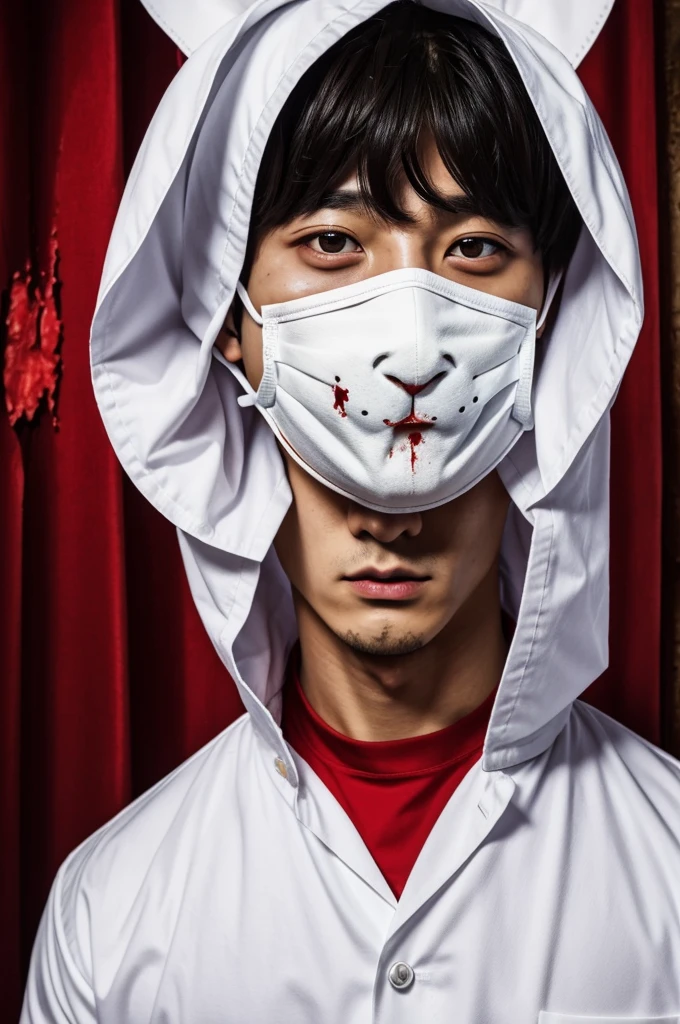 A cover for a fanfic about murderers and cannibalism,  and I want Jungkook in a white rabbit mask with blood on it 