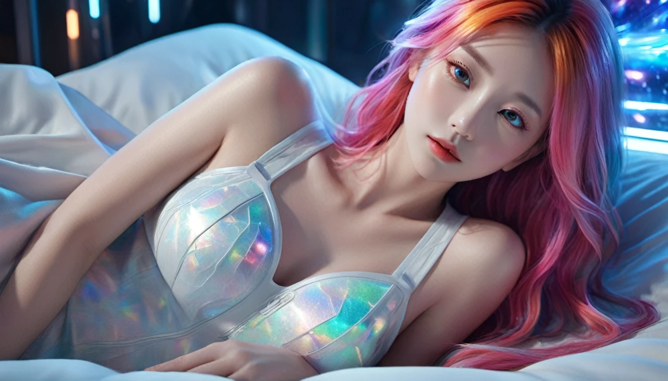 (Highest quality,8K,Super detailed:1.2),(CG,CG Art,3D Rendering),(masterpiece:1.2),(Sexy Outfits),(Cinema Lighting,Futuristic),(Woman lying in bed,Sleep,close your eyes),(The big window behind her,quiet night),(Colorful Hair:1.5)