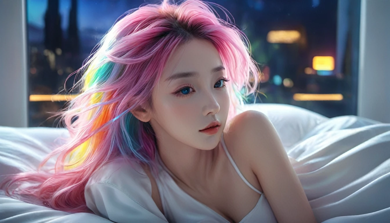 (Highest quality,8K,Super detailed:1.2),(CG,CG Art,3D Rendering),(masterpiece:1.2),(Sexy Outfits),(Cinema Lighting,Futuristic),(Woman lying in bed,Sleep,close your eyes),(The big window behind her,quiet night),(Colorful Hair:1.5)