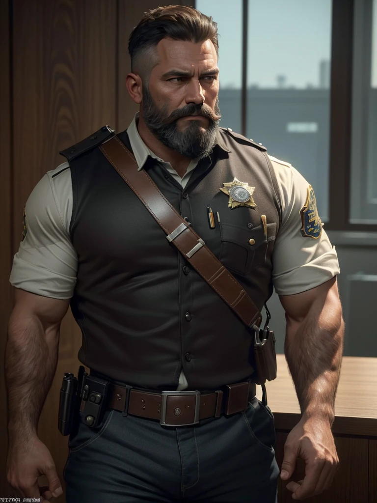 The sheriff has a brown beard, brown short haircut, Police uniform. muscular body, in a police station (best quality,4K,8K,highres,​masterpiece:1.2),Ultra-detail,(realisti,photorealisti,photo-realisti:1.37),  Film compositions,depth of field,Professional 3D rendering