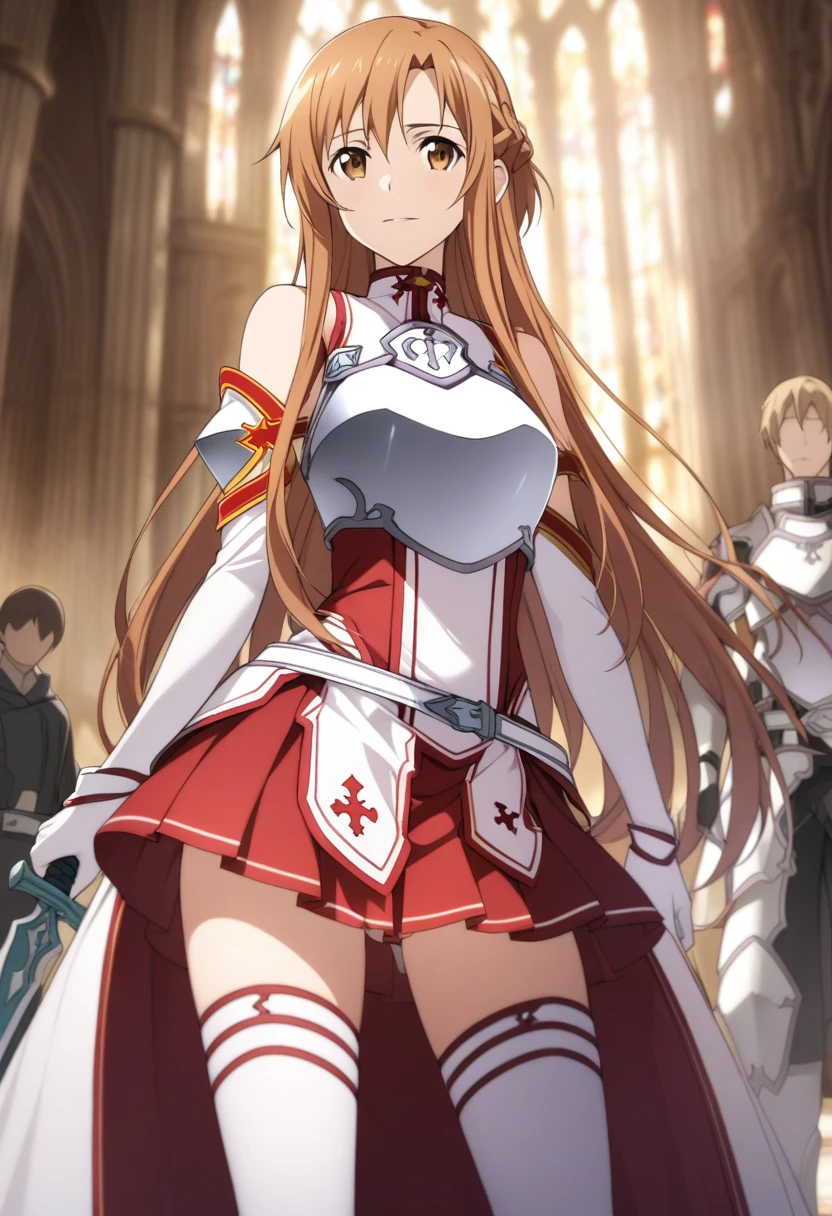 masterpiece, best quality, very aesthetic, absurdres, 1girl, mature_lady, 1boy,faceless_boy,kid,standing,looking at viewer,,asuna_(sao), sword_art_online, brown_eyes, brown_hair, long_hair, very_long_hair, braid, french_braid,armor, armored_dress, breastplate, white_armor, belt, white_belt, dress, white_dress, detached_sleeves, elbow_gloves, gloves, sleeveless, sleeveless_dress, miniskirt, pleated_skirt, red_skirt, skirt, thighhighs, white_thighhighs, zettai_ryouiki,,in a church,cathedral,blur background,background defocus