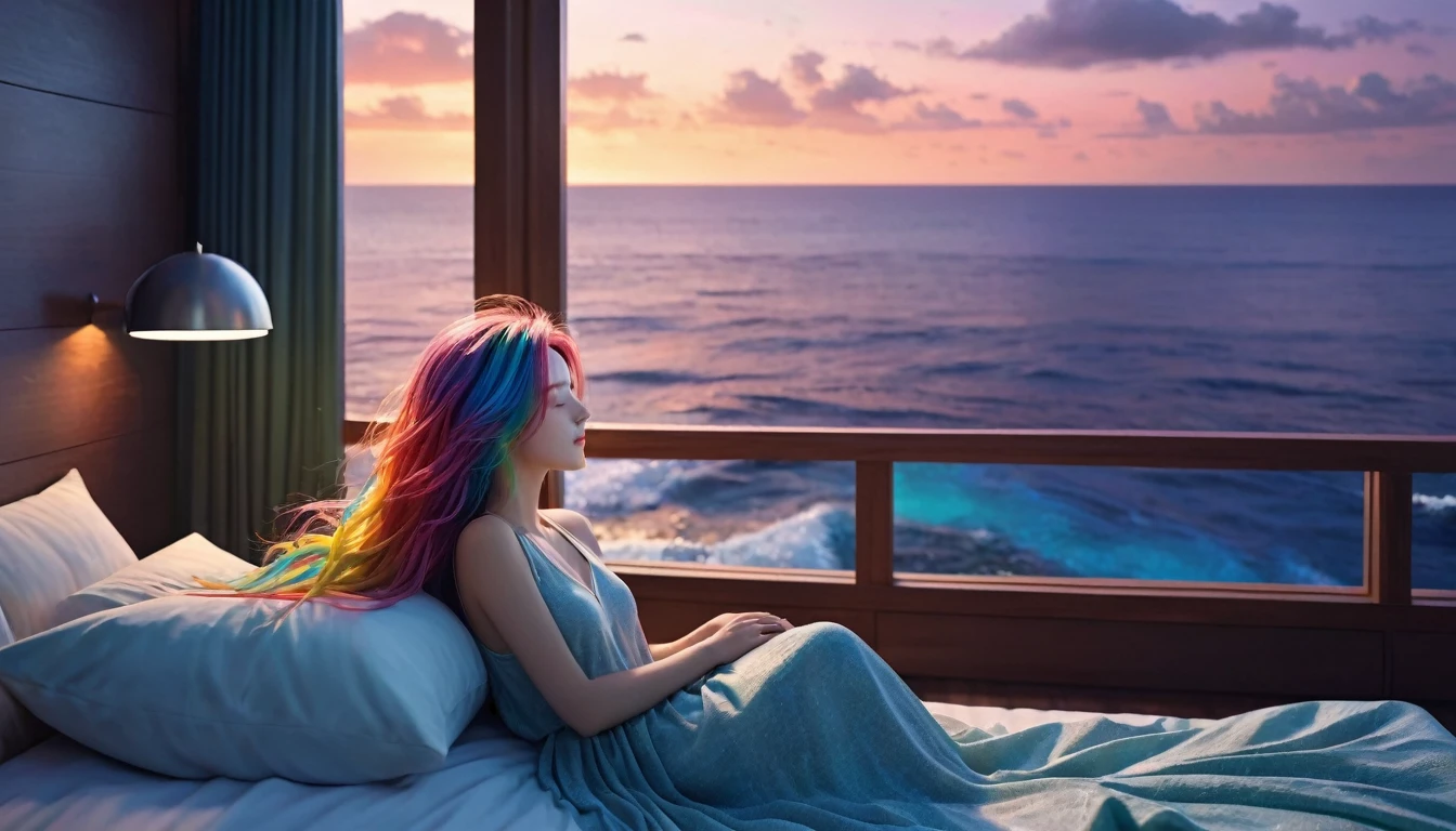 {{masterpiece}}, Highest quality, Highly detailed CG synthesis 8k wallpaper, Cinema Lighting,Minimalist Style,Ocean View Room, Woman sleeping in bed,Close your eyes and sleep,Large windows with ocean views, quiet night. , Multi-coloured hair, (Colorful Hair:1.5),