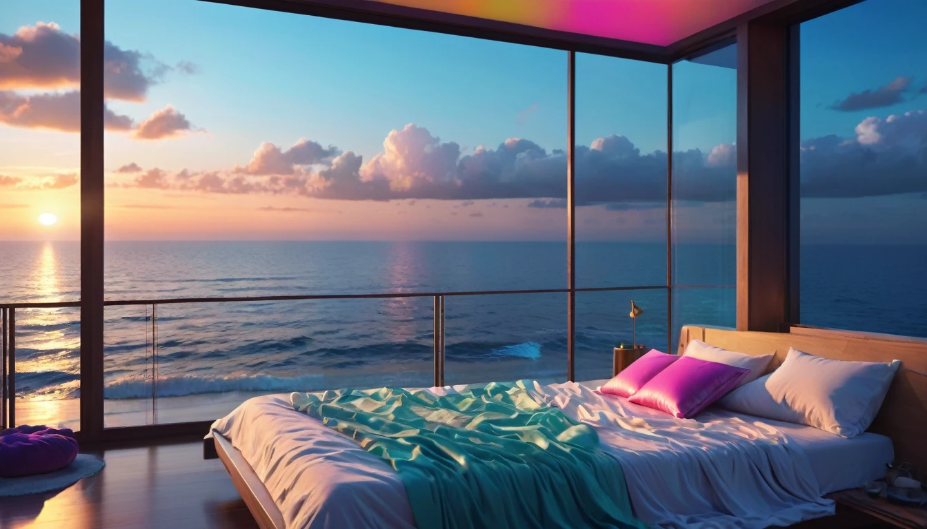 {{masterpiece}}, Highest quality, Highly detailed CG synthesis 8k wallpaper, Cinema Lighting,Minimalist Style，Ocean View Room， Woman sleeping in bed，Close your eyes and sleep，Large windows with ocean views， quiet night. , Multi-coloured hair, (Colorful Hair:1.5),