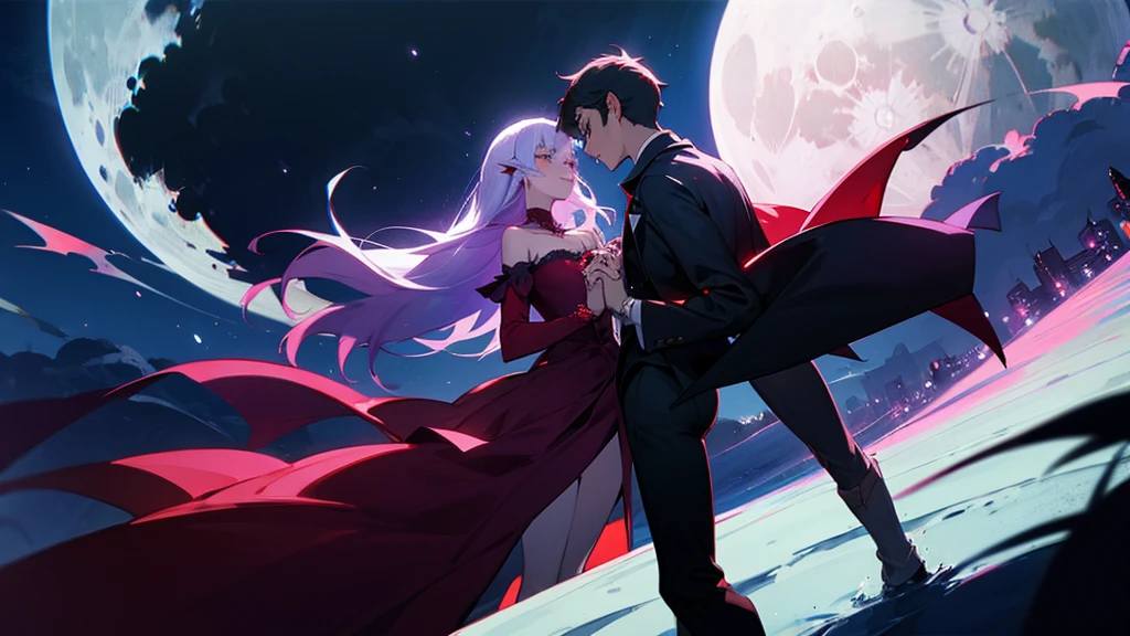 vampire and fairy holding hands, moon in backround