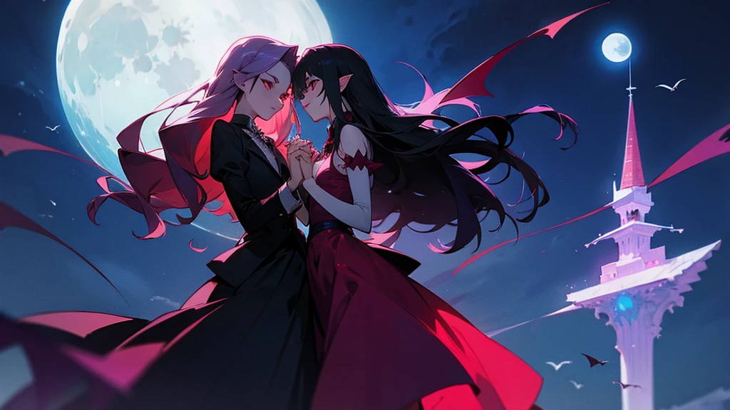 vampire and fairy holding hands, moon in backround
