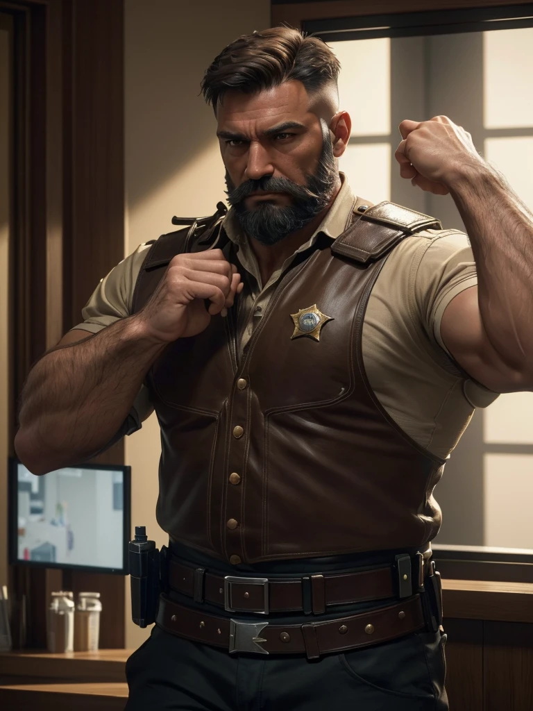 The sheriff has a brown beard, brown short haircut, Police uniform. muscular body, in a police station (best quality,4K,8K,highres,masterpiece:1.2),Ultra-detail,(realisti,photorealisti,photo-realisti:1.37), Film compositions,depth of field,Professional 3D rendering