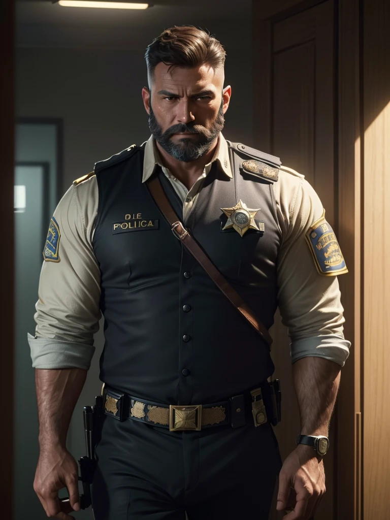 The sheriff has a brown beard, brown short haircut, Police uniform. muscular body, in a police station (best quality,4K,8K,highres,masterpiece:1.2),Ultra-detail,(realisti,photorealisti,photo-realisti:1.37), Film compositions,depth of field,Professional 3D rendering