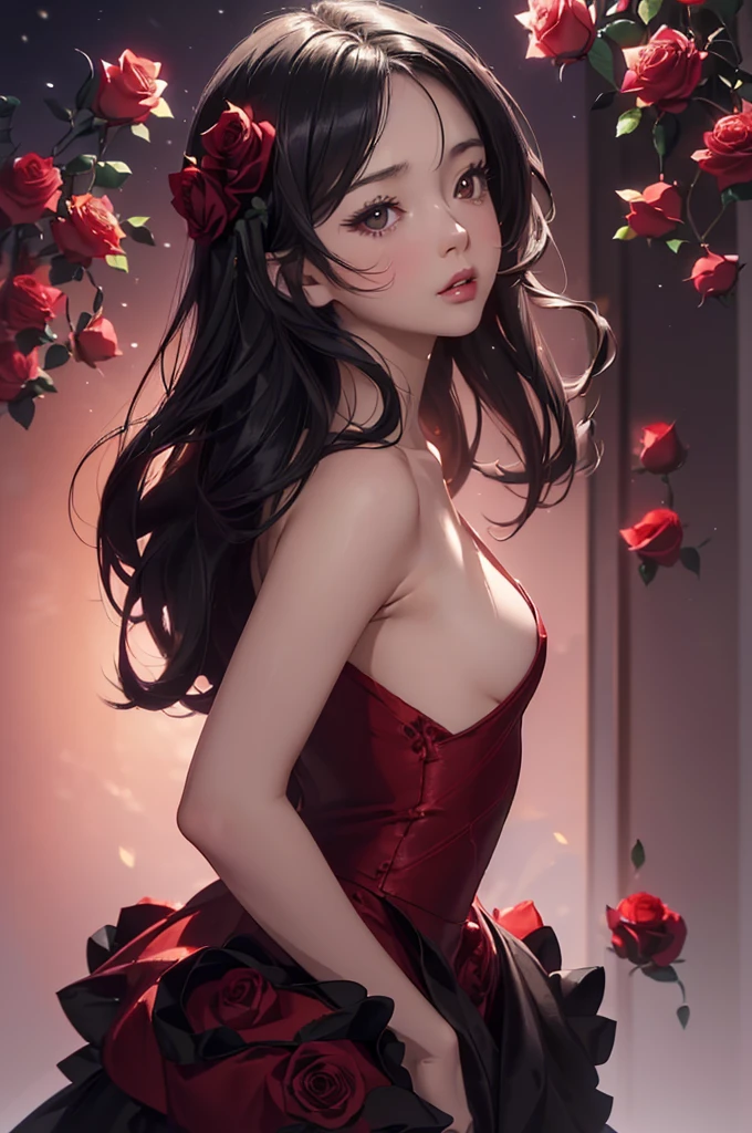 Night room,Staring straight ahead，ﾁｬｰﾐﾝｸﾞFacing forward,front facing portrait((Highly detailed CG unit 8k wallpaper, masterpiece, High resolution, highest quality, highest qualityのリアルテクスチャスキン)), ((very beautiful woman,  :1.5, plump lips,  (messy black hair, white skin, small breasts), ((and handle background, background with roses and 、夜warm color)),  hyper realistic, digital painting, concept art,,Girl looking straight ahead,sexly,front facing body looking up，comprehensive,Red dress,Date