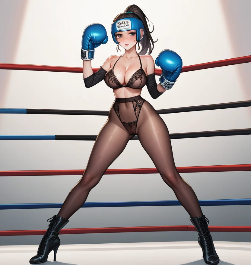 korean beautifull girl,18 years old,Pretty Face,Good shape,detailed picture, Solemn expression, blush,White ponytail, Wear sexy lingerie,Soaked,Wear black pantyhose,high-heel boots, Wearing black boxing gloves,Wearing a boxing helmet,Black sleeves on arms, Perform standing boxing defense in the boxing ring,Large Breasts,Cleavage,Long legs,Thin waist,nipple,Camel toe
