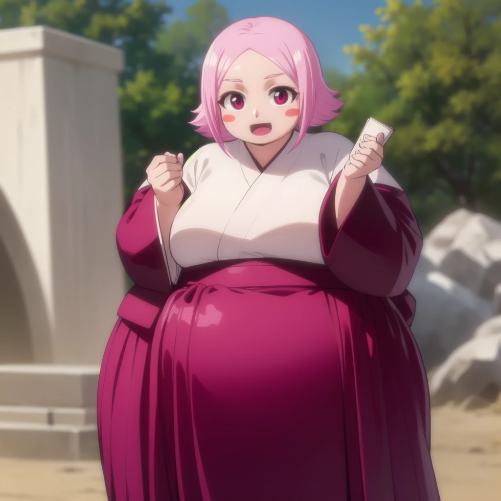 yachirukusajishi, yachiru kusajishi, short hair, pink hair, (pink eyes:1.5), blush stickers, open mouth, forehead,
BREAK long sleeves, japanese clothes, hakama, black hakama,
BREAK outdoors,
BREAK looking at viewer, (cowboy shot:1.5),
BREAK (masterpiece:1.2), best quality, high resolution, unity 8k wallpaper, (illustration:0.8), (beautiful detailed eyes:1.6), extremely detailed face, perfect lighting, extremely detailed CG, (perfect hands, perfect anatomy), bbwchan, nsfw, manhwa, oppai proportions, she has a jiggly fat round belly, body swelling about to explode, thicc, with a large breasts, doujin