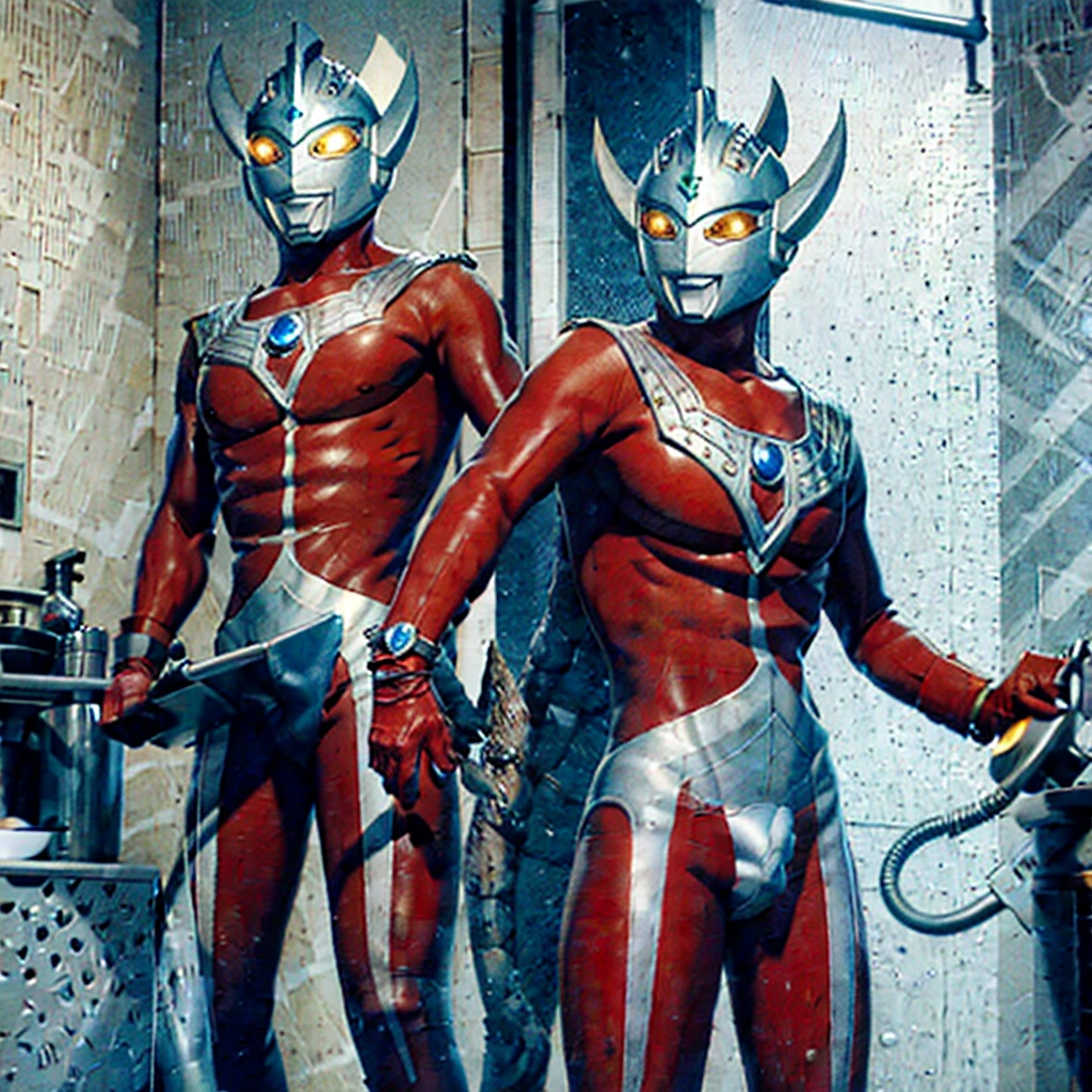 1 man, solo, 4k, 8k, ultraman taro pin up, photo realistic, bara, , nakey, slim body, human skin color, hairy body, head only ultraman taro with naked humdy, small penis, shower 