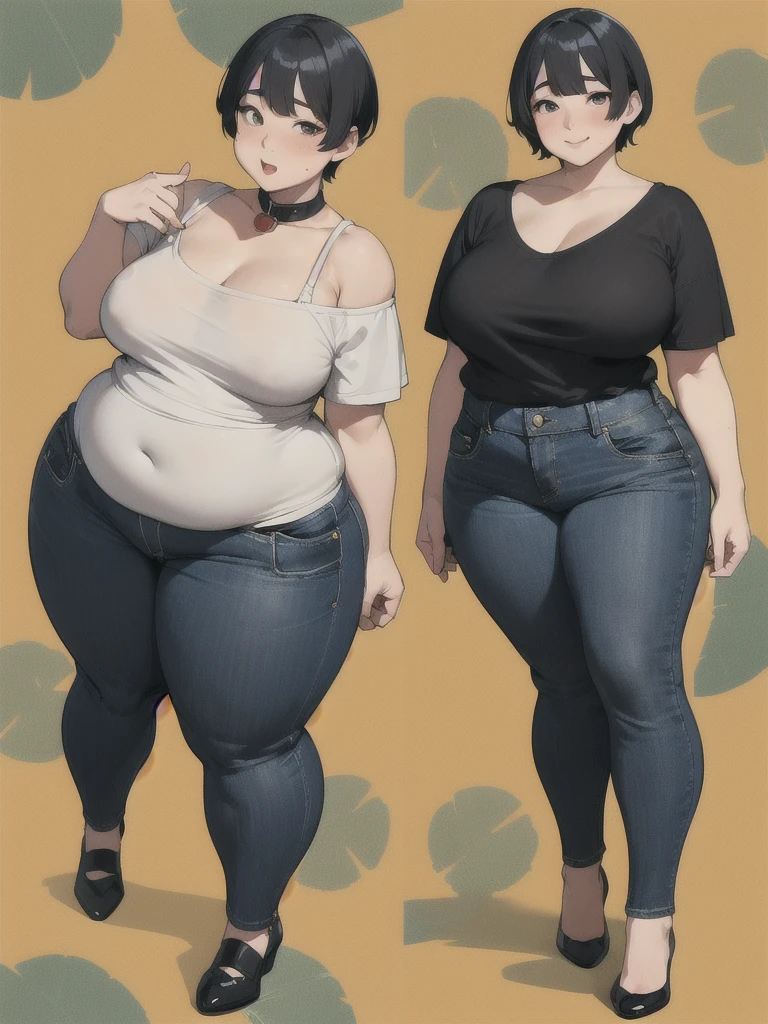 (Chubby but not fat), Full body, A body as thick as a man's, Solo, Realistic, Sexy Asian face, scornful eyes, Swollen face, Japanese face, Legs focus, Moderately fat body type+, 1 woman, mature woman++, age 32, wide shoulder, short sleeve T-shirt,  Black Denim pants, thick tights, short hair, Collar cropped hair, cardigan, adult woma, Short legs, Long upper body, Thick waist, low rise black denim pants, ((Small breasts and fat and short leg)), Muchimuchi body, ugly face but Cheerful person, Lively woman