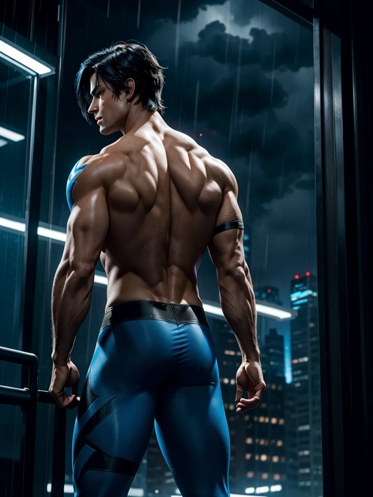 Nightwing, shirtless, turned around with a massive backside wearing a small jockstrap, hairy legs, at gotham city nightlife, lightning and raining.