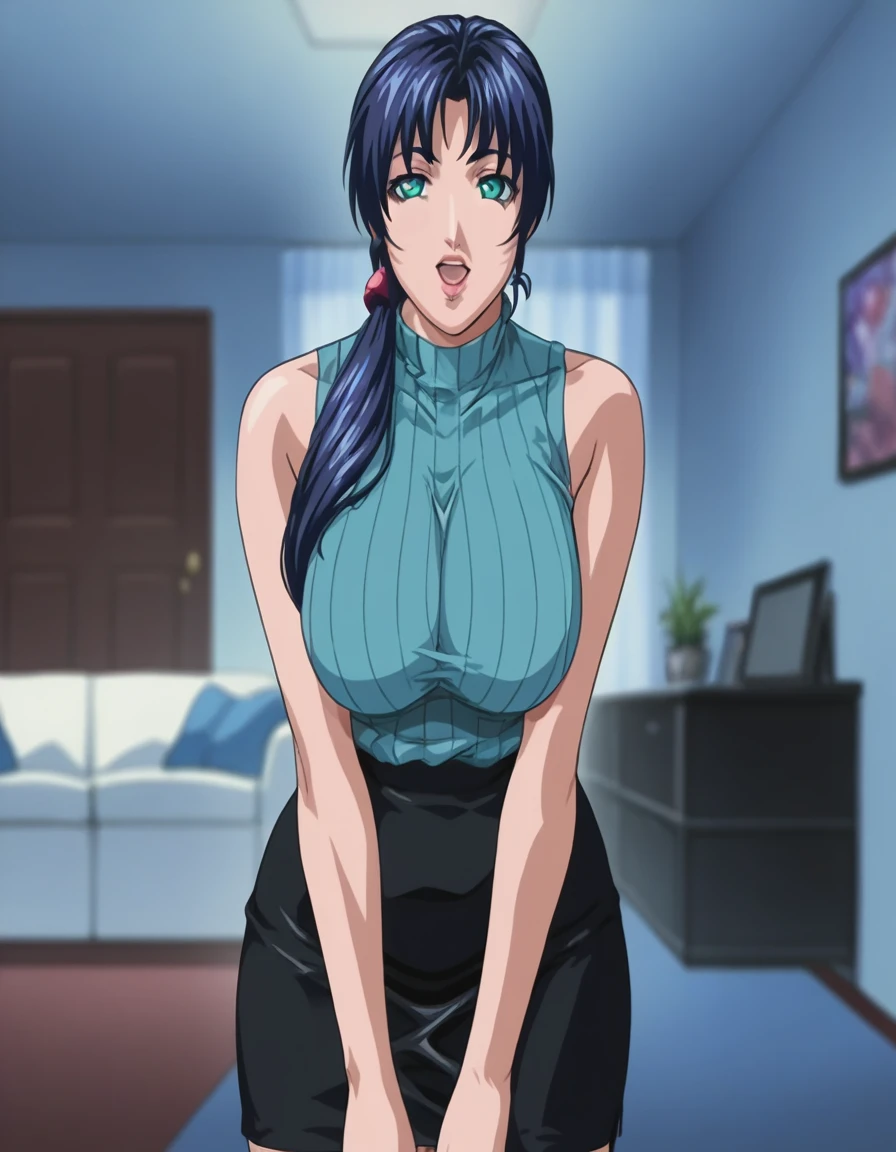 1girl, solo, score_9, score_8_up, source_anime Bibl3, busty  milf, mature woman, dark blue hair, long hair, low ponytail, straight bangs, huge breasts, bouncy breasts, wide hips, full lips, vivid lips, aqua eyes, empty eyes, hypnotized, mesmerized, starring at viewer, open mouth, ribbed sweater, sleeveless, pencil skirt, standing at attention, hands at own sides, full body, apartment, living room, blurred background, altered perception, raised eyebrows, detailed eyes, detailed face, puckered lips, face focus