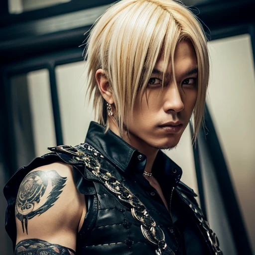 1 japanese male rocker, asien eyes, Visual Kai hairstyle, ultra detailed face and body, hyperrealistic, realistic representation, muscular, broad shoulders, tattoos gothic style, Visual Kei style, hairstyle Visual Kei, blond, 40 years old, age 40 outfit gothic streampunk, men's shirt and black pants, Asian eyes, eyes Asian, long hair, long hair