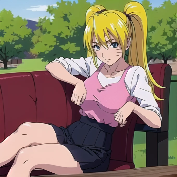 High school anime girl sitting on an armchair bench holding her breasts