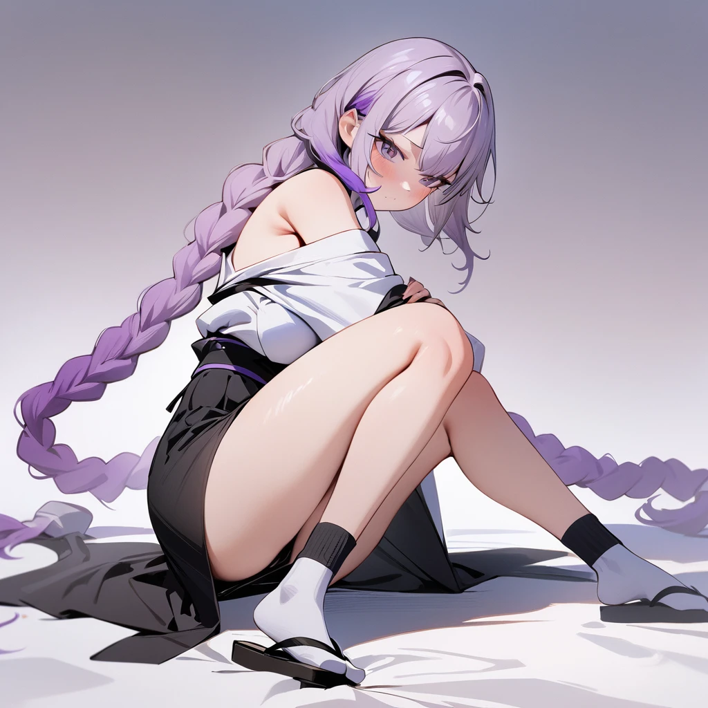 (masterpiece, best quality:1.2), 1girl, solo, white-purple gradient hair tips, purple hair, twin braids, fullbody, wearing white kimono top, long black skirt, tabi socks