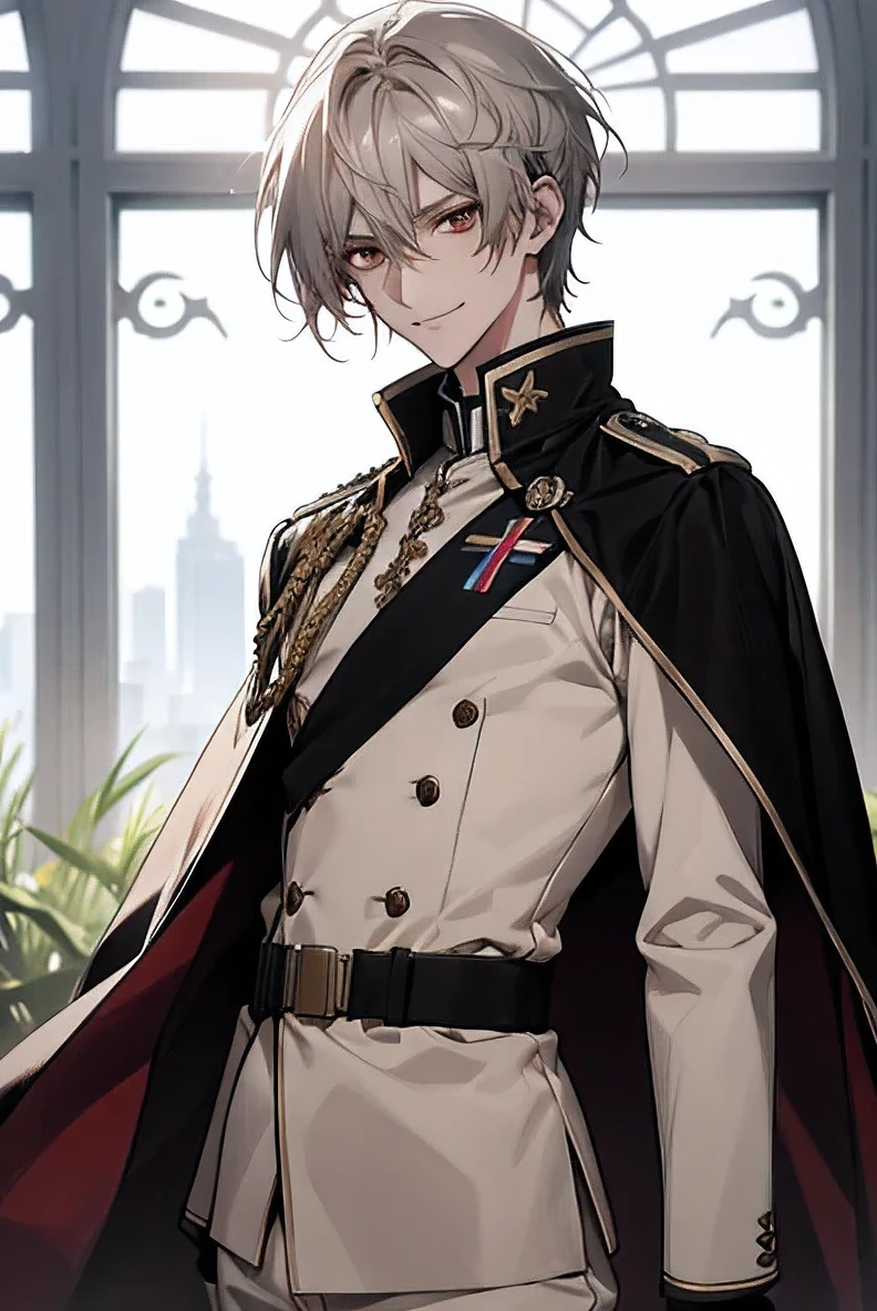 (Confused, High resolution, Very detailed), 1 male, Silver Hair,Shortcuts,Looks soft,Wavy Hair,Short Hair,Reddish brown eyes,White and black military uniform,24th generation,beauty,mature,thin,quiet,Calm,A small smile,A kind smile,Embarrassed smile,In front of the person I like,Long Cape,Slender and thin,skinny pants,grassland,tall,