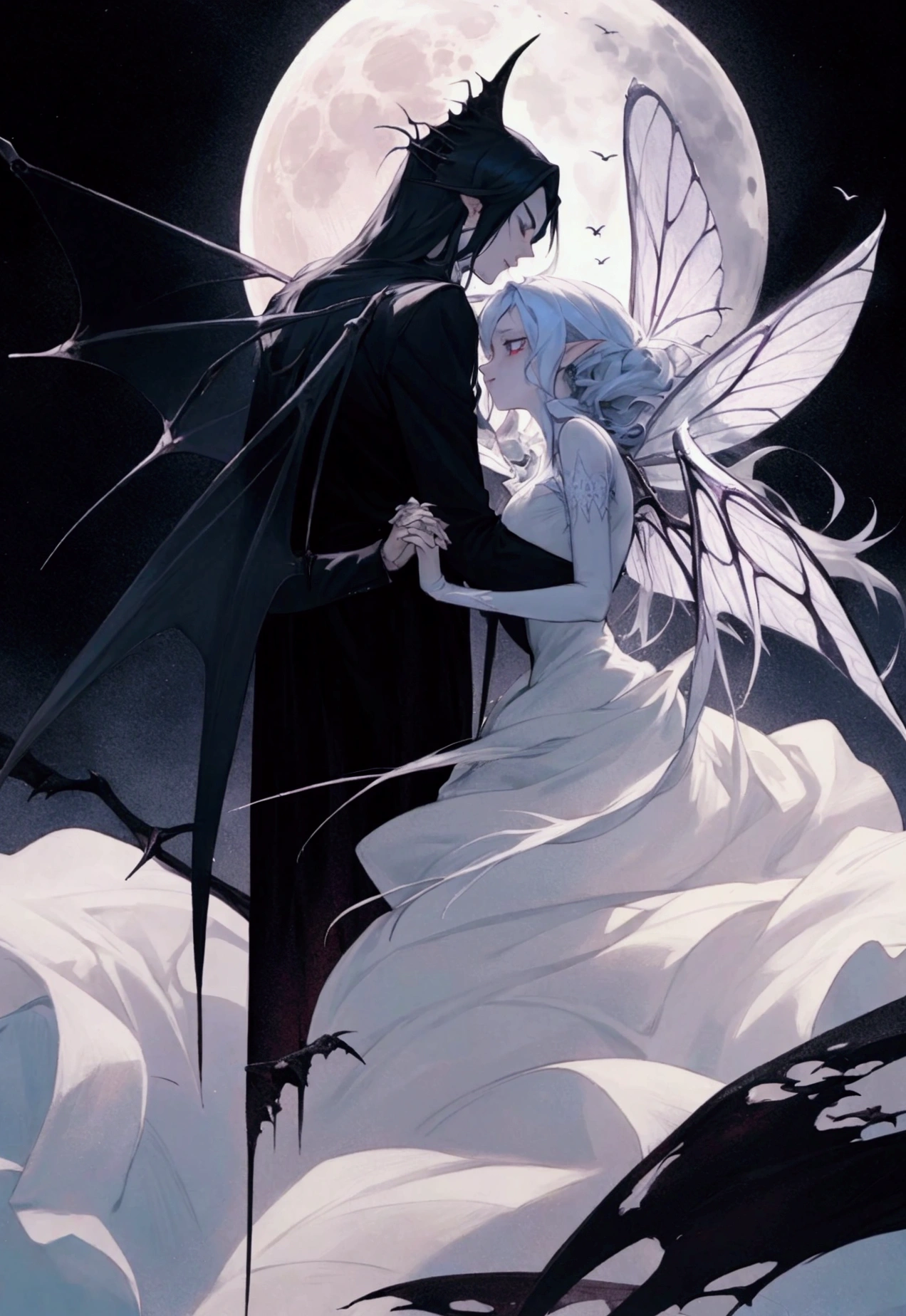 man vampire and woman fairy with fairy wings holding hands, moon in backround