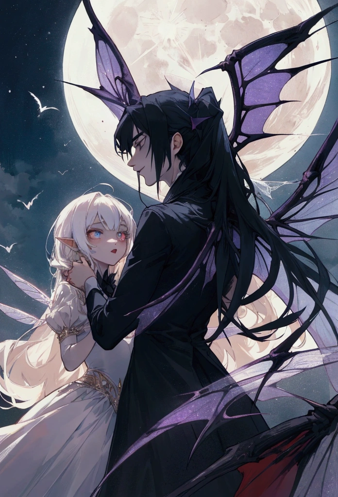 man vampire and woman fairy with fairy wings holding hands, moon in backround