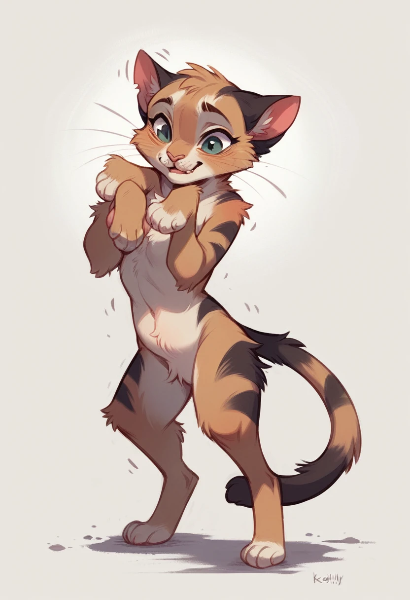 young woman, antromortph, transformation, naked, sexly, confident and seductive, big tits fur covered, cat, feline face, full body, White background, tail, Soft fur, enjoyment, Cuddle, bipedal
