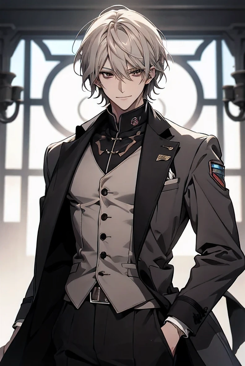 (Confused, High resolution, Very detailed), 1 male, Silver Hair,Shortcuts,Looks soft,Wavy Hair,Short Hair,Reddish brown eyes,White and black pilot suit,24th generation,beauty,mature,thin,quiet,Calm,A small smile,A kind smile,Embarrassed smile,In front of the person I like,Long coat,Slender and thin,skinny pants,grassland,tall,