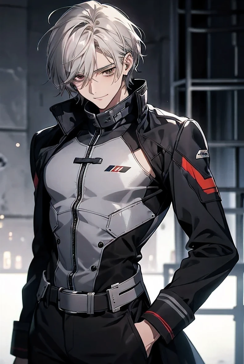 (Confused, High resolution, Very detailed), 1 male, Silver Hair,Shortcuts,Looks soft,Wavy Hair,Short Hair,Reddish brown eyes,White and black pilot suit,24th generation,beauty,mature,thin,quiet,Calm,A small smile,A kind smile,Embarrassed smile,In front of the person I like,Long coat,Slender and thin,skinny pants,grassland,tall,