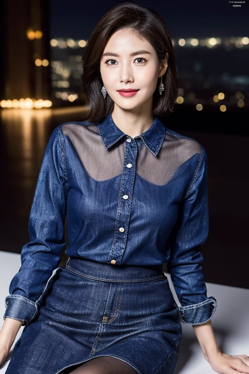 (Highest quality、Ultra-high resolution、masterpiece)、(Delicate face、Detailed eyes and face、double eyelid、Lustrous red lips)、Collared shirt、(Denim midi skirt)、(silk pantyhose)、High heels、Long, slender legs、Sitting pose、High-definition skin texture、Happy expression、Large Breasts、Night in the background、Wind、Starry Sky、moon、(((Full body portrait)))