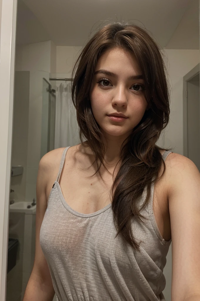1 girl, selfie vestida como una puta, 21 years old, Brown hair , Short hair reaching shoulders, Gray eyes