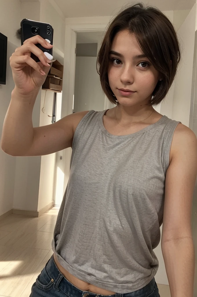 1 girl, selfie vestida como una puta, 21 years old, Brown hair , Short hair reaching shoulders, Gray eyes