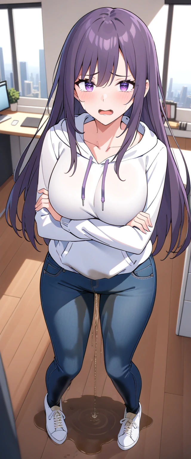 (masterpiece:1.37), best quality, (extremely detailed:1.37), (1girl:1.5), woman, (mature:1.5), (adult:1.5), large breasts, very long hair, (straight hair:1.5), (very dark purple hair:1.5), purple eyes, (extremely detailed eyes:1.37), hoodie, jeans, desperation, (wetting self:2.0), standing, embarrassed, humiliation, blushing, angry, (crossed arms:1.5), office, indoors, window, cityscape, full body