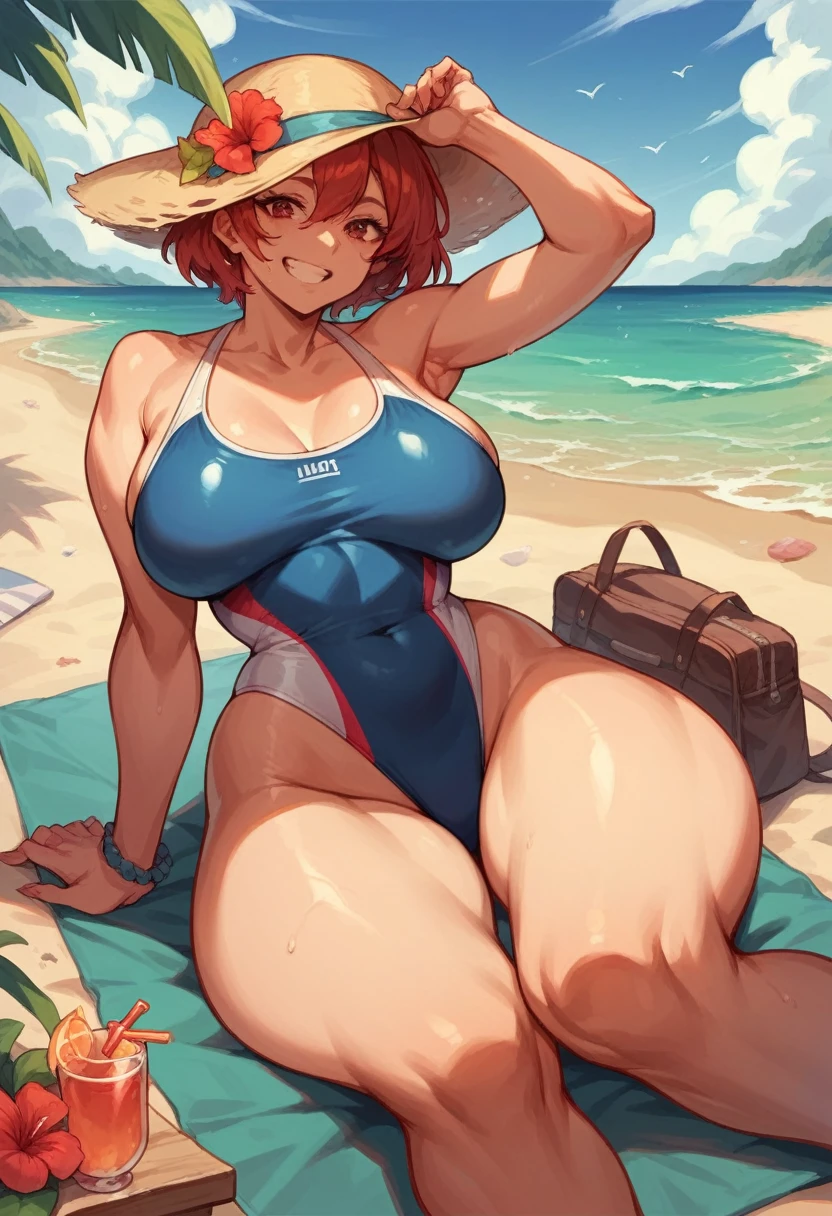 Girl in swimsuit, on the beach, smiling short red hair big breasts and big thighs 
