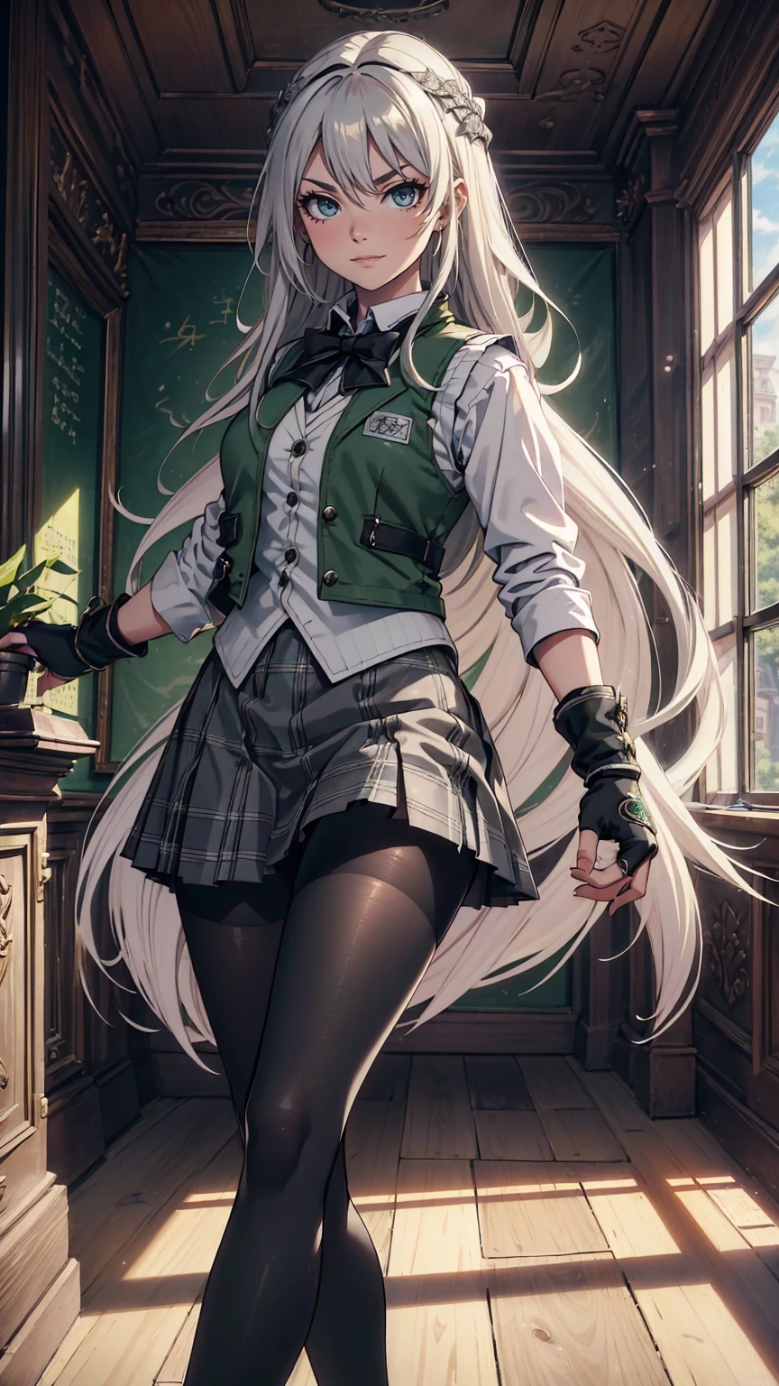 最high quality、Ultra High Definition, Ultra High Quality, Hyper Definition, Hyper Quality, Hyper Detailed, Extremely Detailed, Perfectly Detailed, Best image quality、masterpiece、woman((20-year-old, super dynamic pose , Green solid eyes, Silver long Hair 、Disheveled Hair、Long White Hair、Fingerless Glove、Black School Vest, Grey Plaid Skirt, Black Tights, Smirk、cheerful expression, Dressed in school)),high quality、Beautiful art、background((Inside the mansion))、Written boundary depth、movie、Visual Arts、Perfect art、8K,Genuine