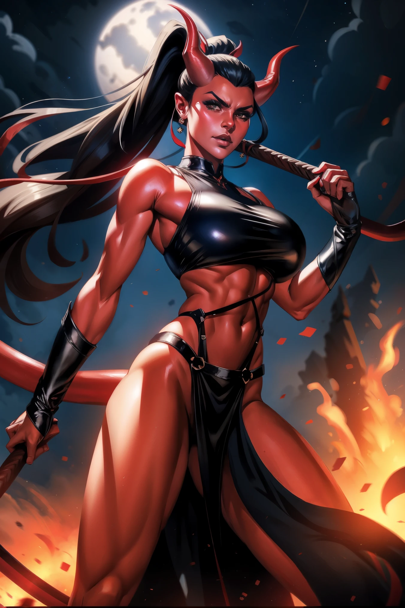 Red skin succubus tiefling, medium breasts, black horns, huge tail, black leather, crop top, long flowing pelvic curtain, tall, toned, graceful, thin, long black ponytail. Action scene, whip. Dark scene, explosions, night sky.