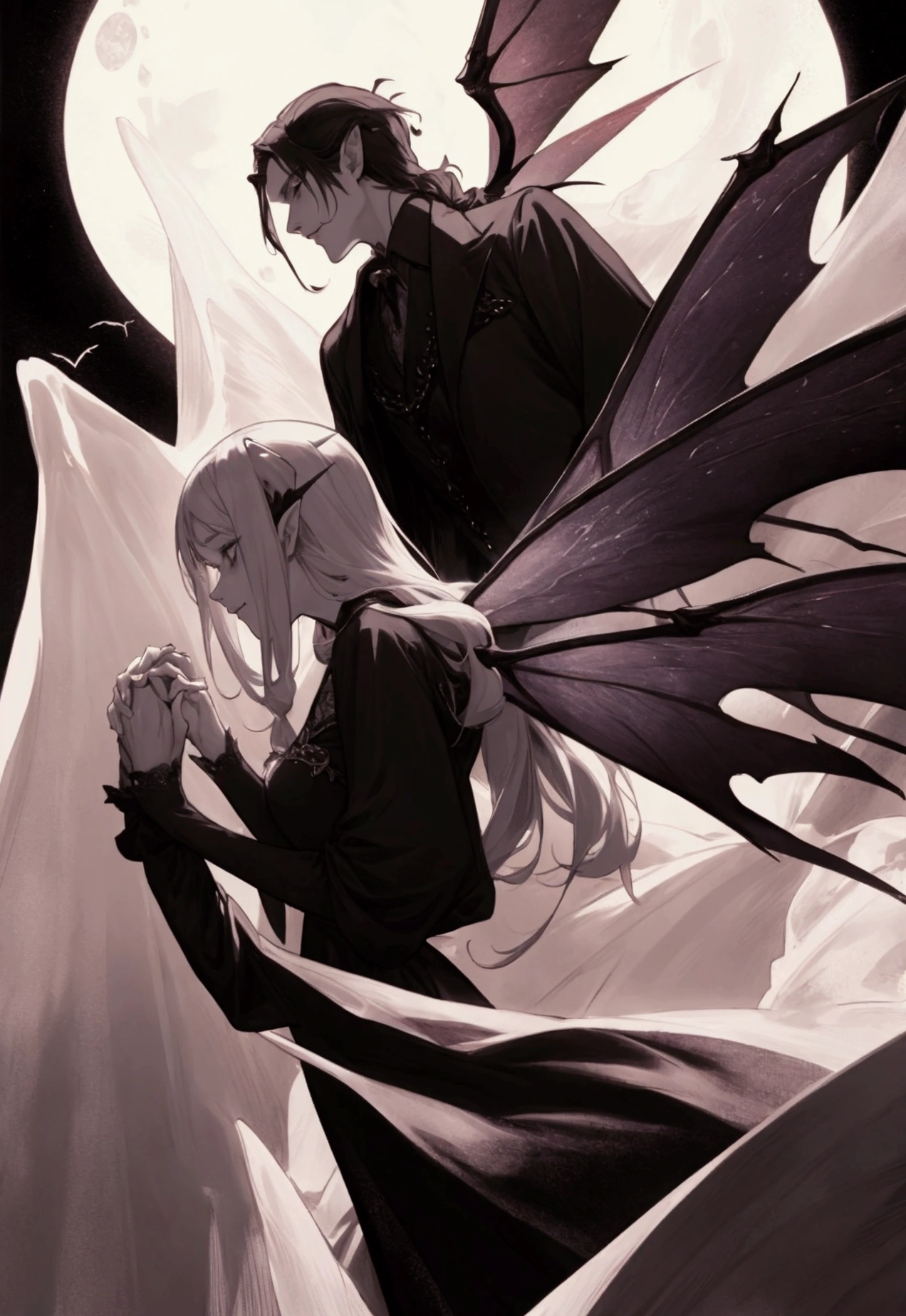 man vampire and woman fairy with fairy wings holding hands, moon in backround