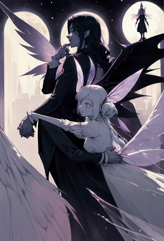 man vampire and woman fairy with fairy wings holding hands, moon in backround