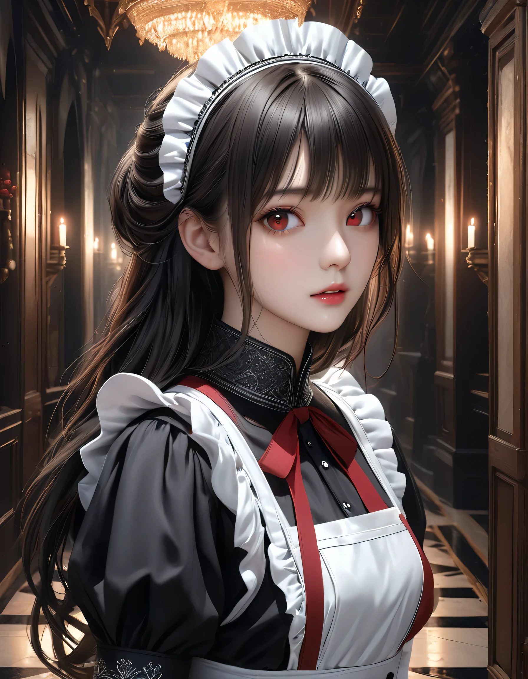 high quality, detailed, Realistic,(25 years old beautiful maid), (detailed dark red eyes), (black long hair),large beasts,(shiny skin),dark night palace corridor, candle,best quality,4k,8k,highres,masterpiece:1.2),ultra-detailed,(realistic,photorealistic,photo-realistic:1.37), looking at viewer, far stand,